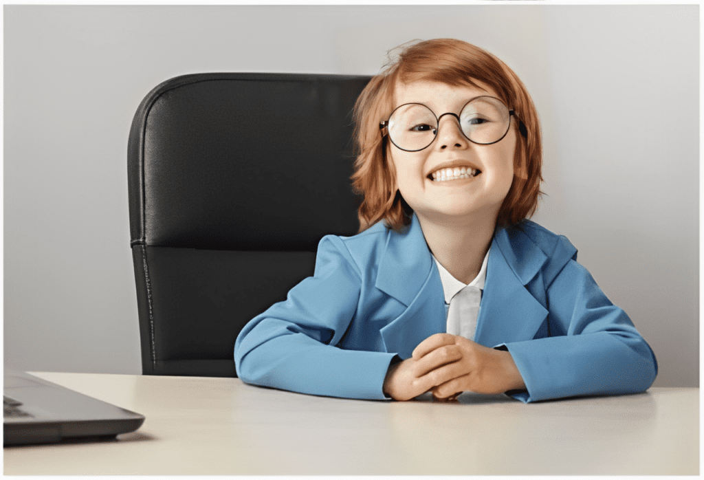 A little girl sitting at the desk wearing glasses.