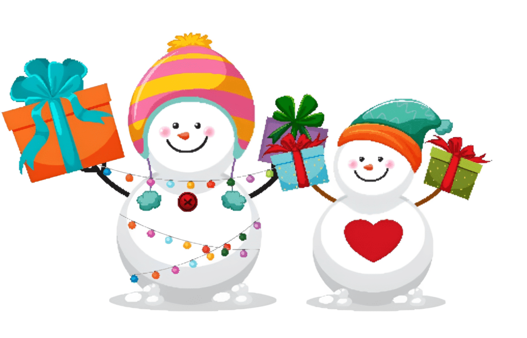 Two snowmen are holding gifts and a present.