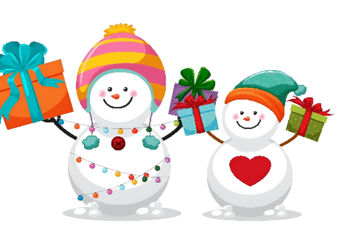 Two snowmen are holding gifts and a present.